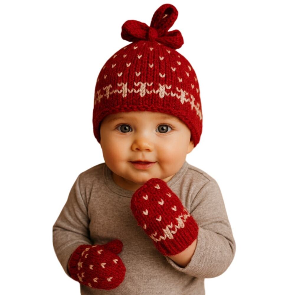 Vintage Baby Gap Knit‎ Hat and Mittens Set Baby S/ 3-6mos Red Snowflakes Winter